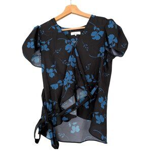 Parker New York Fulton Stems Floral Wrap Blouse XS Black Blue Tulip Sleeve $238